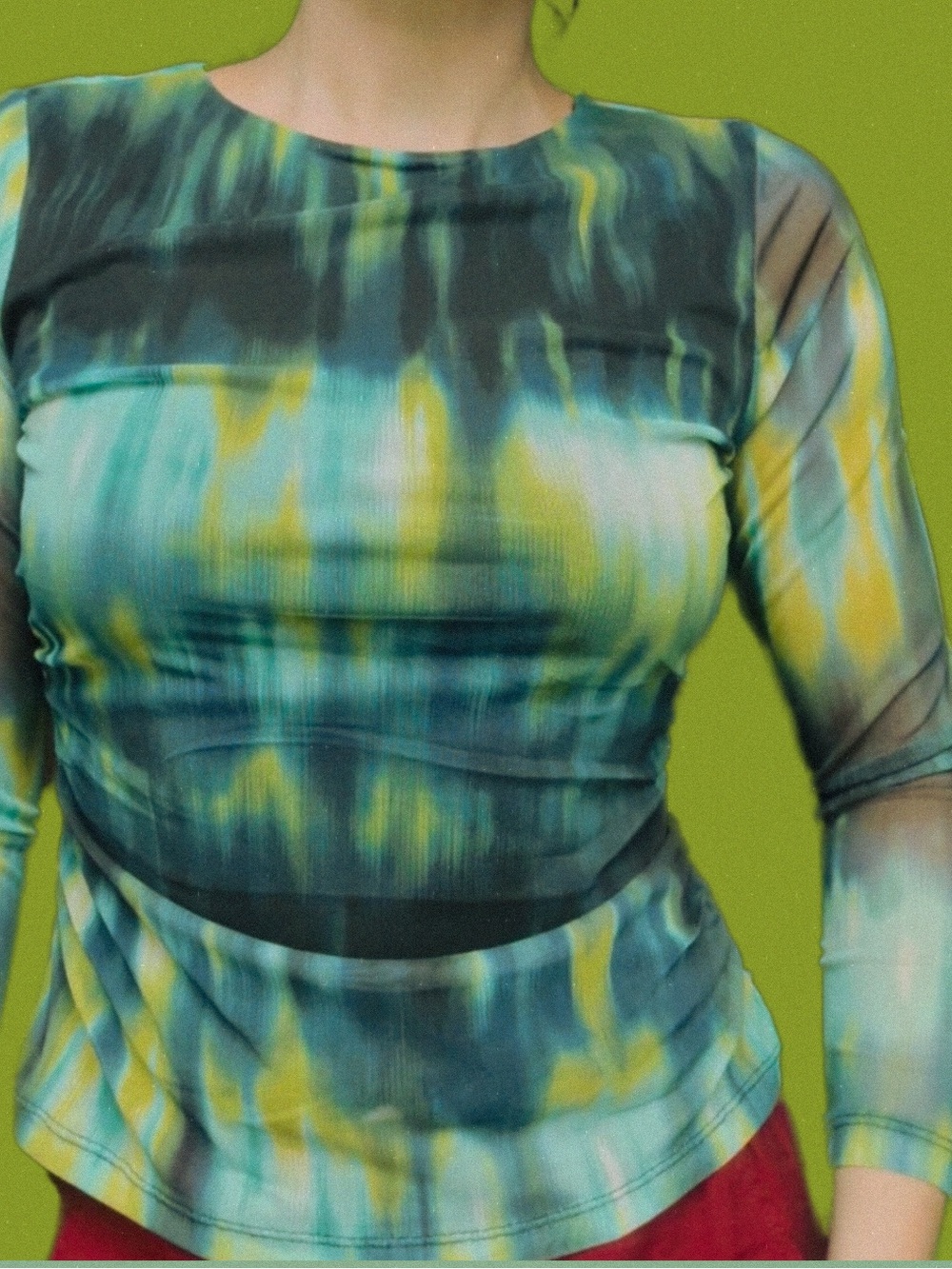 Mesh Tie-Dye 3/4 Sleeve Top - Green/Yellow